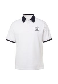 Polo bianca con colletto blu navy, maniche corte e dettagli blu navy ai polsini. Presenta un logo con ancore sul petto.