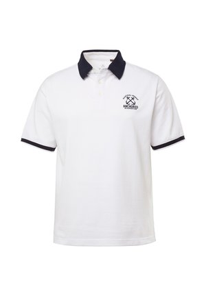Polo bianca con colletto blu navy, maniche corte e dettagli blu navy ai polsini. Presenta un logo con ancore sul petto.
