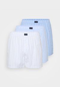 Pánske boxerky v balení po troch kusoch; obsahujú jednofarebné svetlomodré, svetlomodré pásikované a biele pásikované vzory. Vyrobené z bavlny s elastickým pásom.