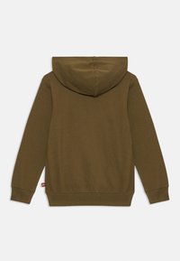 Sweatshirt verde-oliva feito de tecido macio, com capuz ajustável e punhos canelados, apresentando um pequeno rótulo de logotipo na bainha inferior.