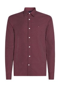 Bordeaux knoopshirt met wit diamantpatroon, klassieke kraag, lange mouwen en knoopmanchetten. De stof heeft een gladde textuur.