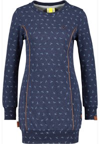 Vestido sudadera azul marino con patrón de pájaros, acentos marrones, mangas largas, cuello redondo, y puños y dobladillo acanalados. Fabricado con material suave.