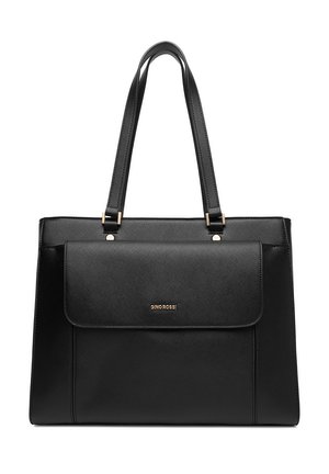 Schwarze strukturierte Leder-Shopper-Tasche mit zwei Schulterriemen, einer Frontklapptasche und einem goldfarbenen Gino Rossi-Logo, das zentriert auf der Tasche angebracht ist.