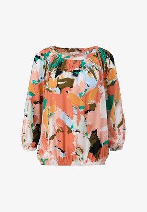 Blusa holgada de mujer con mangas 3/4, dobladillo y escote elásticos, con un estampado floral abstracto en melocotón, verde, blanco y negro.