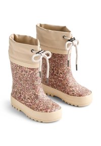 Stivali da pioggia in gomma con motivo floreale, con parte superiore beige chiaro e suola beige testurizzata. Caratterizzati da lacci regolabili e risvolto pieghevole per una vestibilità sicura.