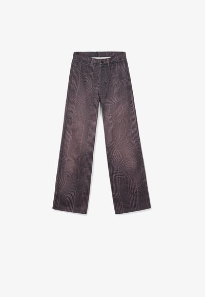 Weite Hose in Dunkelgrau mit dezentem Karomuster, Knopf- und Reißverschluss sowie Gürtelschlaufen an der Taille.