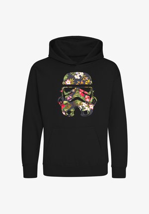 Schwarzer Hoodie mit einem großen Grafikdesign eines Stormtrooper-Helms, der mit lebhaften Blumenmustern in Schattierungen von Pink, Grün und Gelb gefüllt ist.