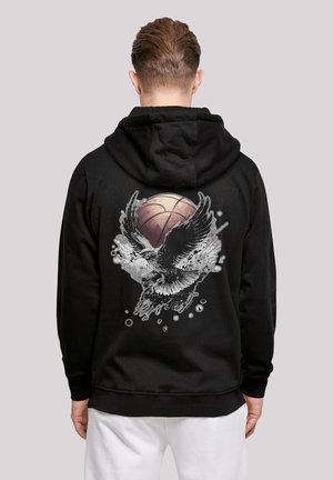Black hoodie featuring a large graphic of an eagle and a basketball, with gray and white accents, on the back. Soft fabric, standard fit.