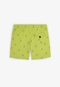 Shorts de bain vert lime avec un motif de têtes de mort et os croisés bleus, ceinture élastique, et une poche arrière avec rabat et fermeture à bouton.