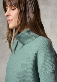 Light green turtleneck sweater with textured knit pattern. Features a high collar and relaxed fit, with soft, smooth material.