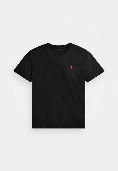 Black v-neck t-shirt made of cotton, featuring short sleeves and a small red logo accent on the left chest. Smooth texture, minimal design.