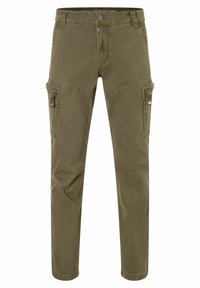 Olive green cargo pants made of cotton, featuring multiple pockets, a straight leg design, and a zipper detail on the side.