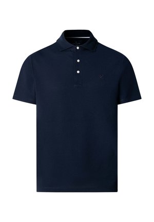 Marineblauw poloshirt met korte mouwen, een kraag, drie witte knopen en een klein geborduurd logo van gekruiste knuppels op de borst.