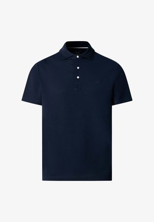 Marineblauw poloshirt met korte mouwen, een kraag, drie witte knopen en een klein geborduurd logo van gekruiste knuppels op de borst.