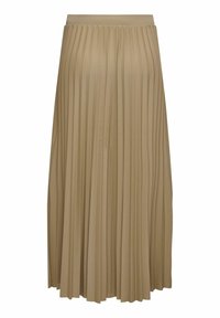 Falda midi plisada en tejido beige claro, con una cintura alta y un diseño fluido que presenta pliegues verticales para aportar textura y movimiento.