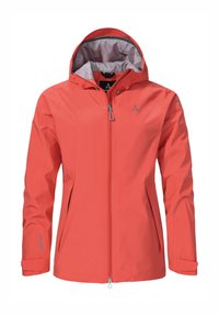 Korallenfarbene wasserdichte Jacke mit Reißverschluss vorne, verstellbarer Kapuze und grauer Innenausstattung. Verfügt über zwei frontale Taschen und ein elastisches Manschettendesign.
