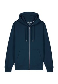 Felpa con zip colore navy realizzata in tessuto morbido, dotata di zip frontale, due tasche laterali e cappuccio regolabile con cordino.