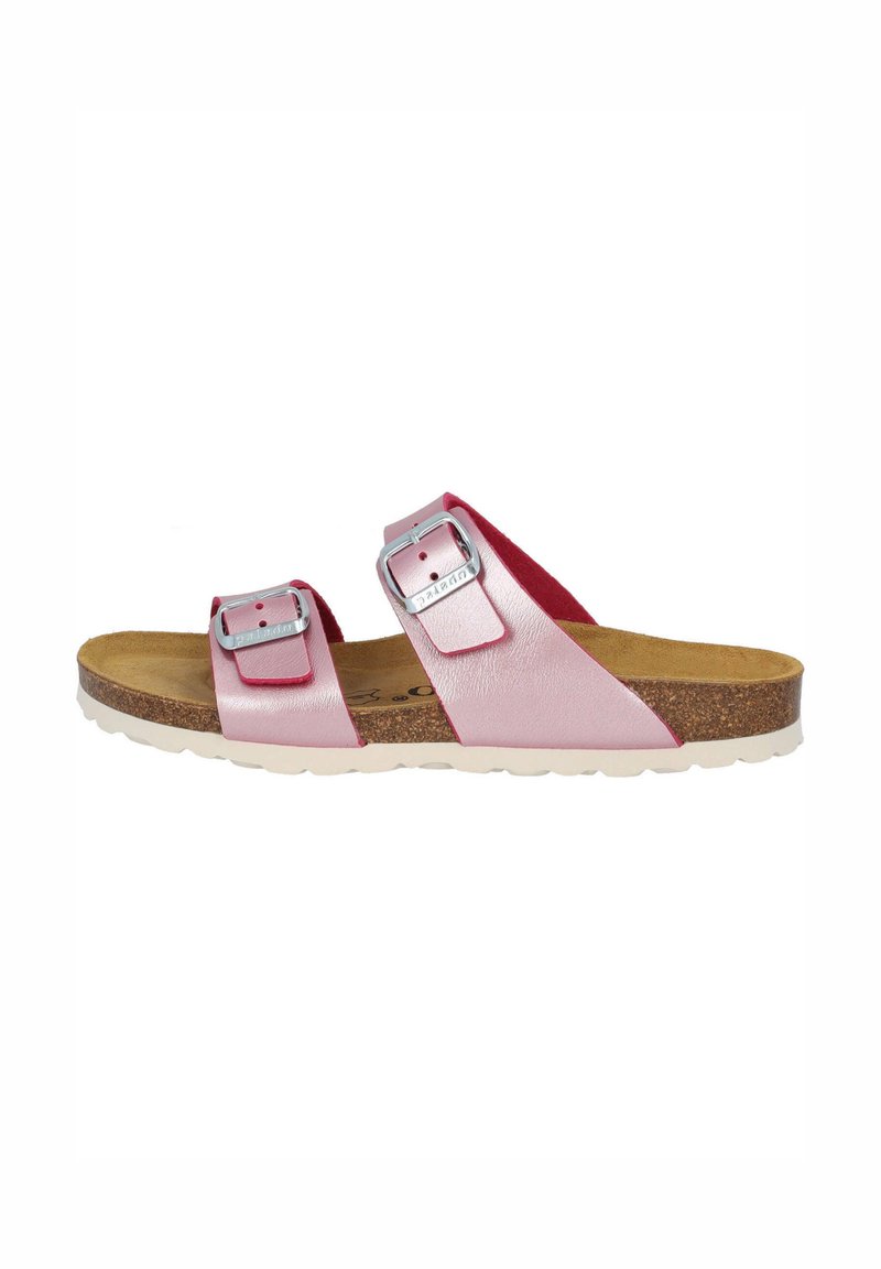 Sandali in pelle rosa con due cinturini regolabili, fibbie argentate, soletta in sughero e suola bianca. Design flat con una texture liscia.