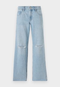 Šviesiai mėlyni džinsai su aukštu liemeniu, plačiomis kojomis ir dviem suplėšytais keliais. Yra diržo kilpos ir priekiniai kišenės.