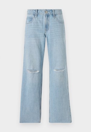 Blugi din denim de culoare bleu deschis, cu talie înaltă, picioare largi și două accente deteriorate la genunchi. Dispune de bucle pentru curea și buzunare frontale.