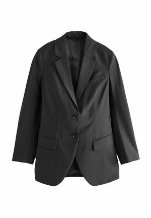 Černý blazer vyrobený z hladkého materiálu, s klopami, dvěma knoflíky, předními klopovými kapsami a jednou hrudní kapsou.