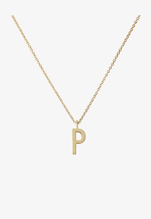 Guldmetal halskæde med en simpel, store bogstav "P" vedhæng. Kæden har små runde led, hvilket skaber et tekstureret udseende.