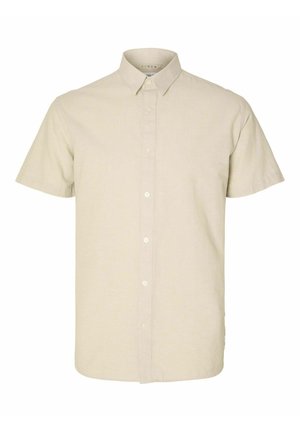 Short-sleeve button-up shirt in light beige linen. Features a classic collar and four white buttons along the front. Lightweight and breathable fabric.