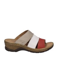 Women's slide sandal with three overlapping straps in beige, white, and red leather. Light brown textured wedge sole. Casual design.