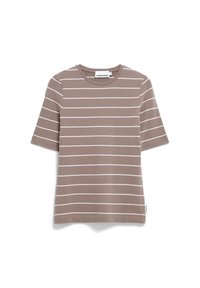 Bruine gestreepte t-shirt van katoen met een ronde hals en korte mouwen. Beschikt over witte horizontale strepen en een merklabel.