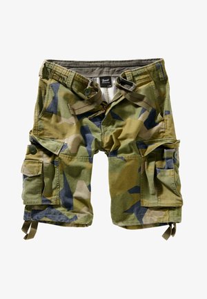 Kamagud shorts kamuflaažimustriga, millel on rohelise, beeži ja sinise värvitooni kombinatsioon. Mitmed taskud ja reguleeritav vöökoht kohandatavate sidekestadega. Puuvillane materjal.