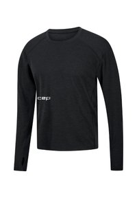 Maglietta sportiva nera a maniche lunghe con scollatura rotonda, maniche raglan e un piccolo logo "cep" bianco sul petto. Tessuto morbido e leggero.