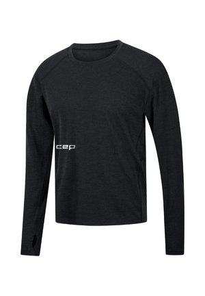 Langärmliges schwarzes Sporthemd mit rundem Halsausschnitt, Raglanärmeln und einem kleinen weißen "cep"-Logo auf der Brust. Weicher, leichter Stoff.