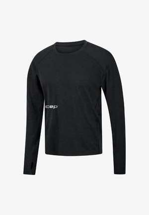 Langärmliges schwarzes Sporthemd mit rundem Halsausschnitt, Raglanärmeln und einem kleinen weißen "cep"-Logo auf der Brust. Weicher, leichter Stoff.