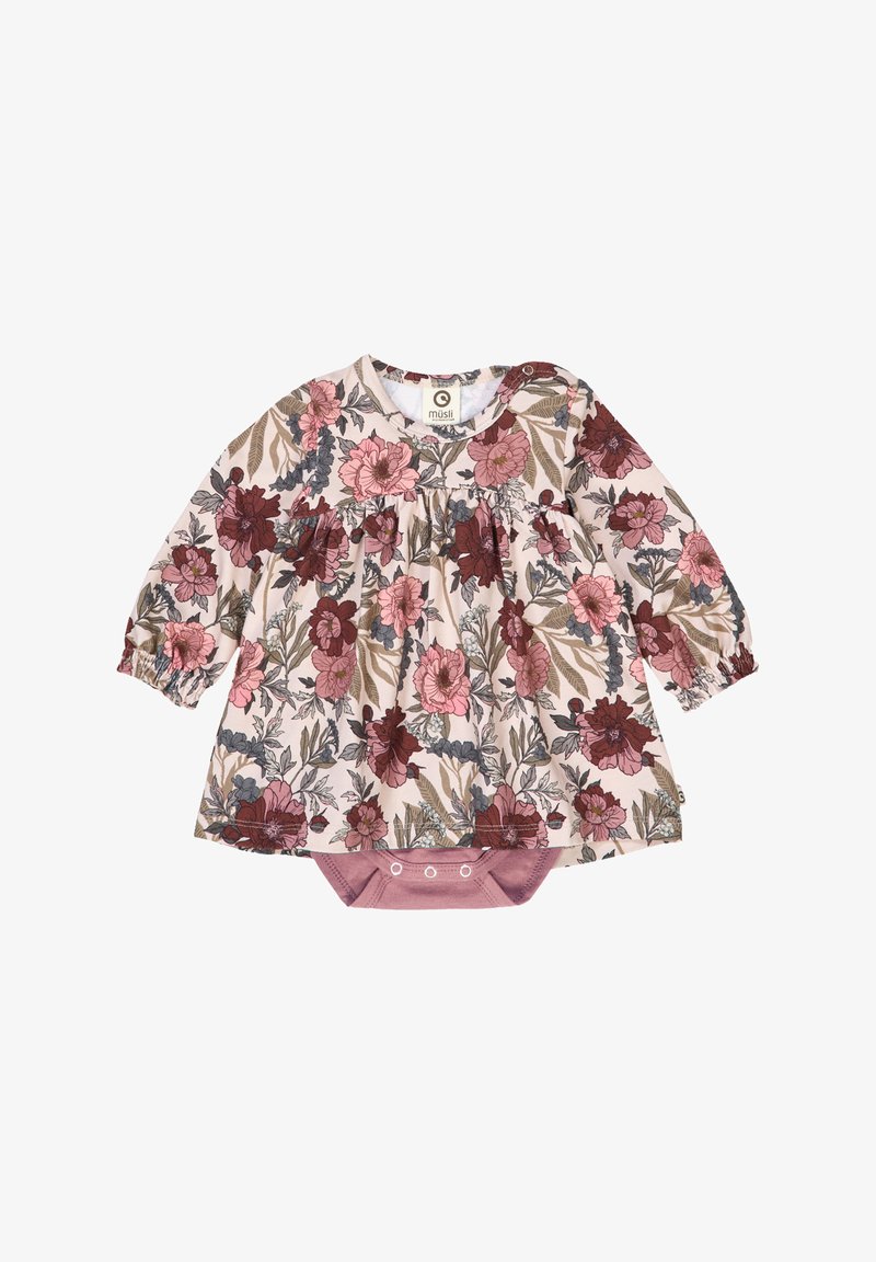 Dlouhá květinová šaty s dlouhým rukávem v krémové barvě, zdobené růžovými a bordó květy. Obsahuje odpovídající spodní část s patentními knoflíky v růžové barvě.