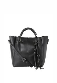 Svart läder tote-väska med strukturerad design, topphandtag, avtagbar axelrem, texturerade paneler och dekorativt frans med pärlor.