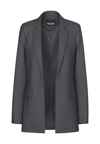Blazer gris ajusté en tissu lisse. Comprend un col cranté, une ouverture devant et deux poches avant. Design épuré avec peu de détails.