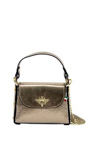 Gold metallic handbag with a curved shape, featuring a bee emblem, a black trim, a detachable chain strap, and gold hardware accents.