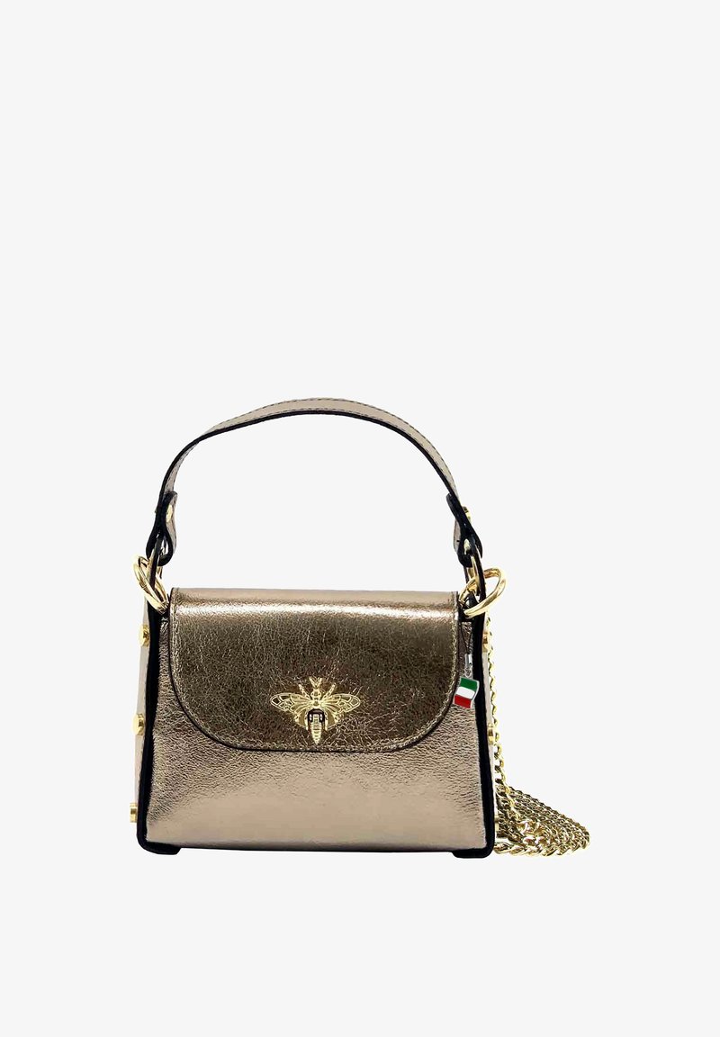 Gold metallic handbag with a curved shape, featuring a bee emblem, a black trim, a detachable chain strap, and gold hardware accents.