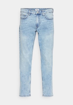 Lys blå slim-fit jeans med frontknapp og glidelås, belte-loops og klassisk fem-lommestil.