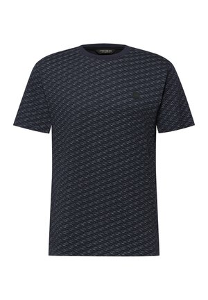 Herren-T-Shirt in Marineblau mit kurzen Ärmeln, allover leichtem blauem geometrischem Muster und kleinem schwarzem rundem Logo auf der linken Brust.