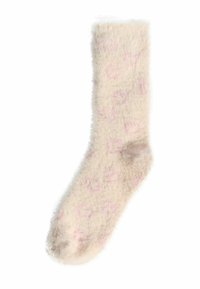 Mīksta krēmkrāsas zeķe ar gaiši rozā sirdīšu rakstu, maiga tekstūra un nedaudz tumšāka vieta pie purngala. Vidēja garuma dizains, līdz teļa vidum.