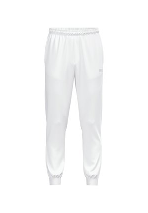 Witte atletische joggingsbroek met elastische tailleband en boorden, met zijzakken en subtiel JAKO-logo op de rechterdij.