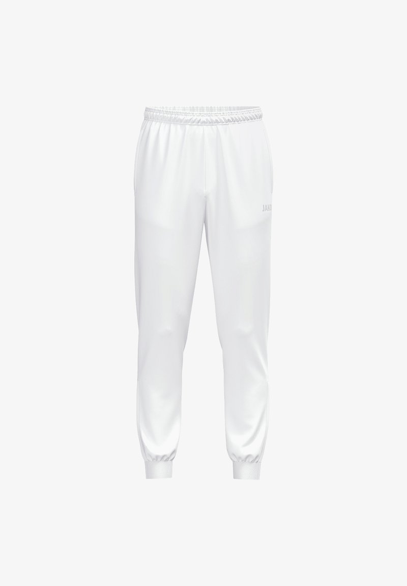 Pantalon de jogging athlétique blanc avec taille et poignets élastiques, doté de poches latérales et d'un logo JAKO discret sur la cuisse droite.