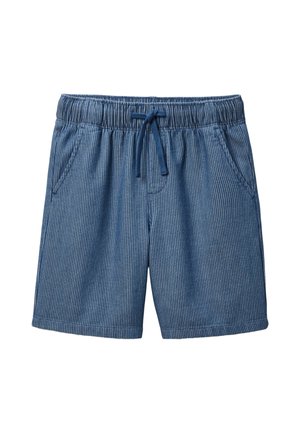 Shorts taille élastique bleu et blanc à fines rayures avec poches avant et cordon bleu marine.