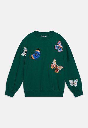 Mørkegrøn sweatshirt med farverige broderede sommerfugle foran, på ærmer og skulder, med ribstrikkede manchetter og kant.