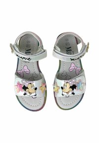Sandali bianchi con grafica di Minnie Mouse, decorazioni floreali in rosa e blu, cinturino regolabile e una suola lucida con gradiente.