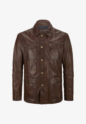 Braune Lederjacke mit Kragen, sechs Fronttaschen, Knopfverschluss und einer glatten Textur. Verfügt über ein klassisches Design und robuste Hardware.