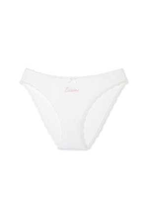 Culotte en coton blanc avec des bordures en dentelle, ornée d'un nœud et du mot "Divines" brodé en rose clair au centre devant.