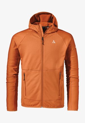 Oranžová mikina s kapucí vyrobená z texturované látky, se dvěma předními kapsami na zip a plným zipem. Disponuje malým logem na hrudi.