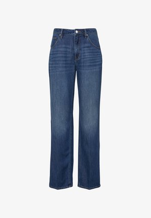 Blauwe spijkerbroek met rechte pijpen, voorzakken, riemlussen en een knoopsluiting in de taille.